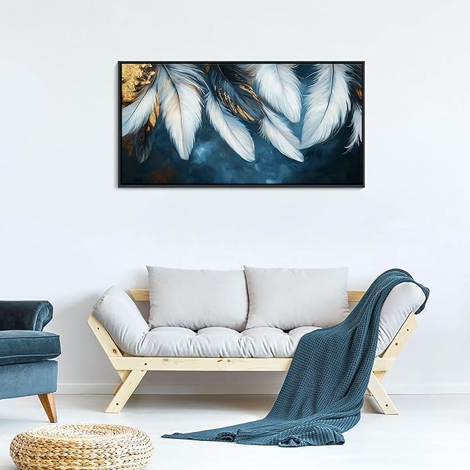 Mofutinpo Blue and Gold Wall Art Framed Navy Blue Decor for Living Room Feather Canvas Art Wall decorations, Blue Bedroom Wall Decor Above Bed Pictures Wall Decor, Painting - Artwork for Walls 20×40IN