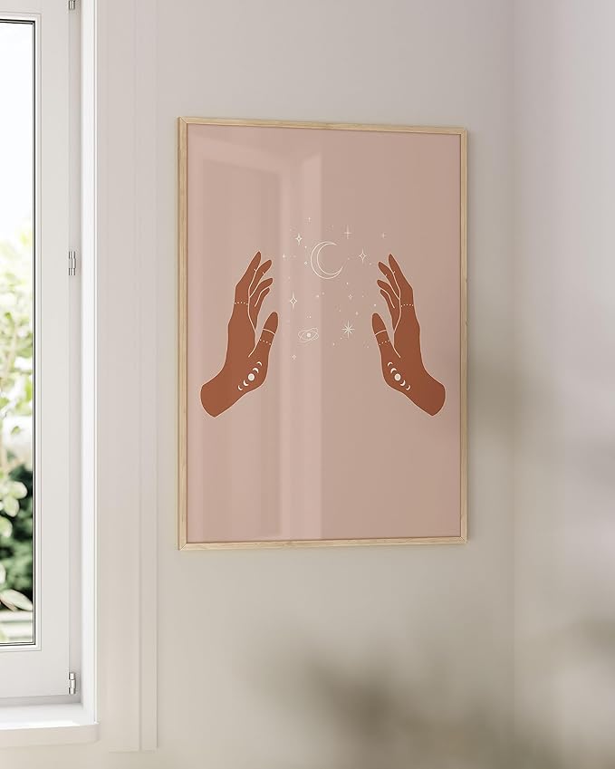 HAUS AND HUES Astrology Posters and Celestial Hands on Sides Decor - Room Decor and Spiritual Posters, Sun and Moon Wall Art Astrology Wall Décor (Beige Frame 24x36)