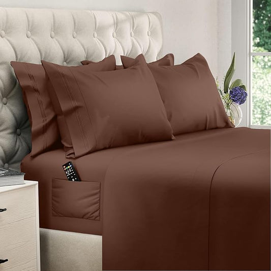 DREAMCARE Full Size Sheets Set - 6 Pcs Deep Pocket Cooling Bed Sheets - Soft, Long Lasting 100% Brushed Microfiber with Side Pocket (Mocha Brown, Full)