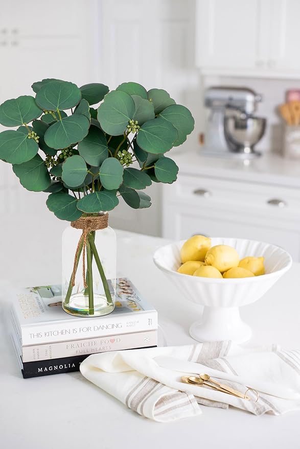 Briful Artificial Eucalyptus Stems in Clear Glass Vase with Faux Water, 14" Fake Plant Eucalyptus Leaves for Home Office Farmhouse Wedding Centerpiece Décor