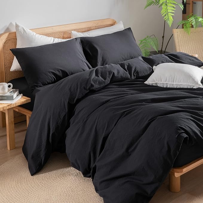 BESTOUCH Duvet Cover Set 100% Washed Cotton Linen Feel Super Soft Comfortable Chic Lightweight 3 PCs Home Bedding Set Solid Deep Black Super King Plus