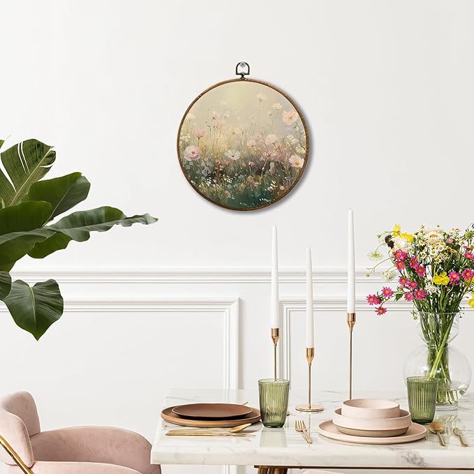 JUIOEIUVintage Wildflower Floral Round Wall Decor, Cottagecore Flower Botanical Framed Canvas Prints, Retro Rustic Floral Wall Art Hanging Decorations for Home Bedroom Living Room Décor Accents Decor, 10x10in