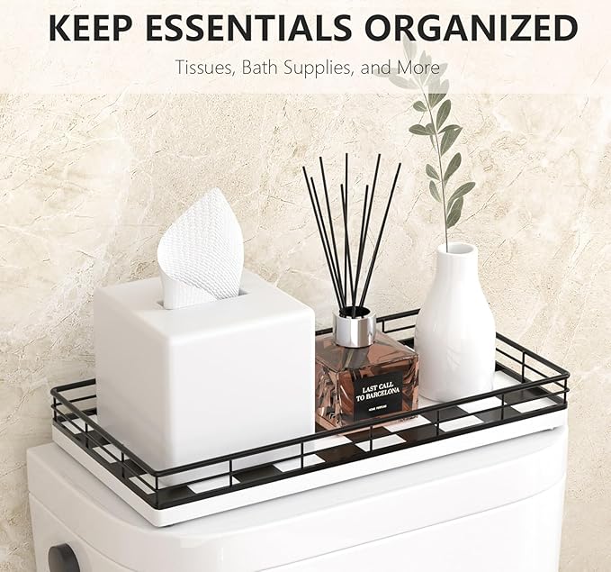 Toilet Tank Tray Organizer – Oak Wood Bathroom Counter Basket with Metal Frame, Back of Toilet or Tank Top Paper Holder Storage – Black & White Modern Decor