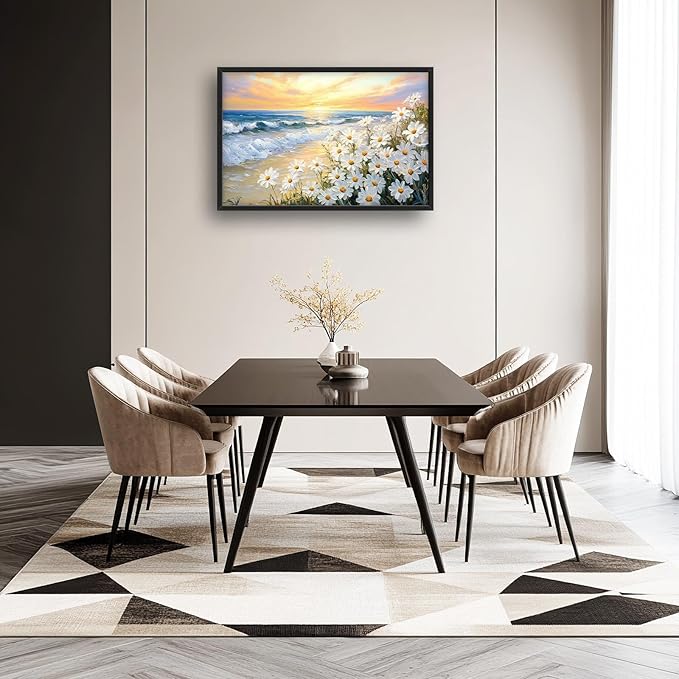 Large Beach Daisy Wall Art, Framed Coastal Beach Wall Decor for Living Room, Oversized Sunrise Canvas Painting Seascape Pictures Home Decoration for Living Room Bedroom Office 36"x24"