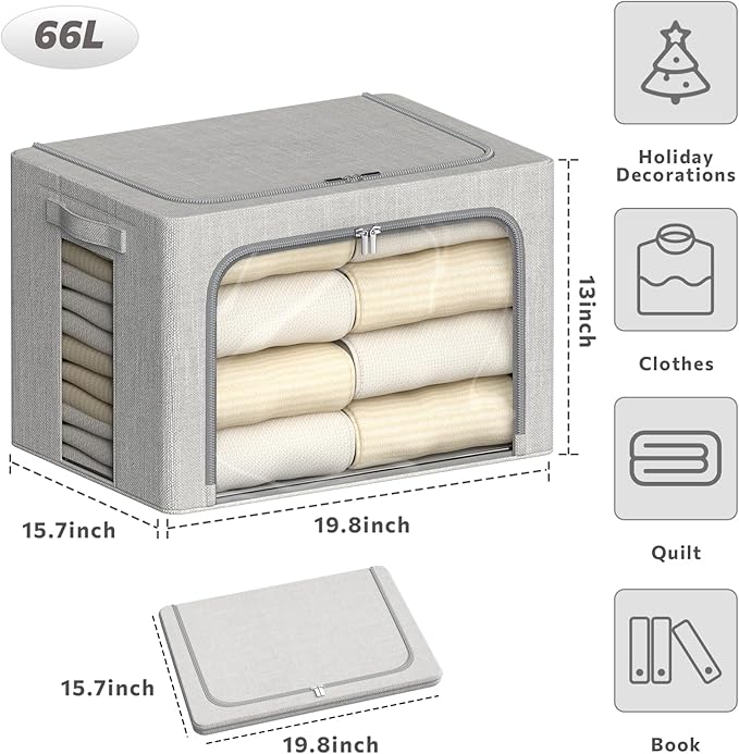 4 Pack Clothes Storage Bins with Metal Frame - 66L Stackable Storage Box with Lid，Foldable Storage Container Organizer for Clothes，Linen Fabric Storage Box with Clear Window＆Zippers＆Handles