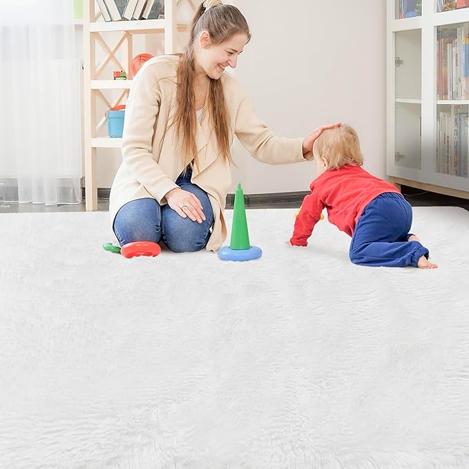 White Rug for Living Room 8x10ft Fluffy Area Rug Mat Bedside Throw Rug for Bedroom Kids Room Boys Teens Nursery Baby Dorm Office Home Decor Aesthetic Carpets