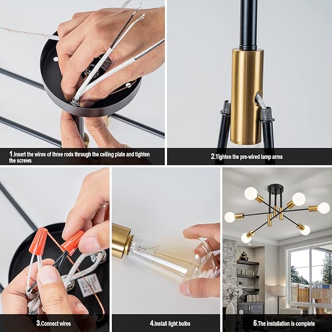 6-Light Modern Sputnik Chandeliers, Black Gold Semi Flush Mount Ceiling Light Fixture, Industrial Farmhouse Kitchen Lighting Fixtures Ceiling Mount for Living Room Bedroom