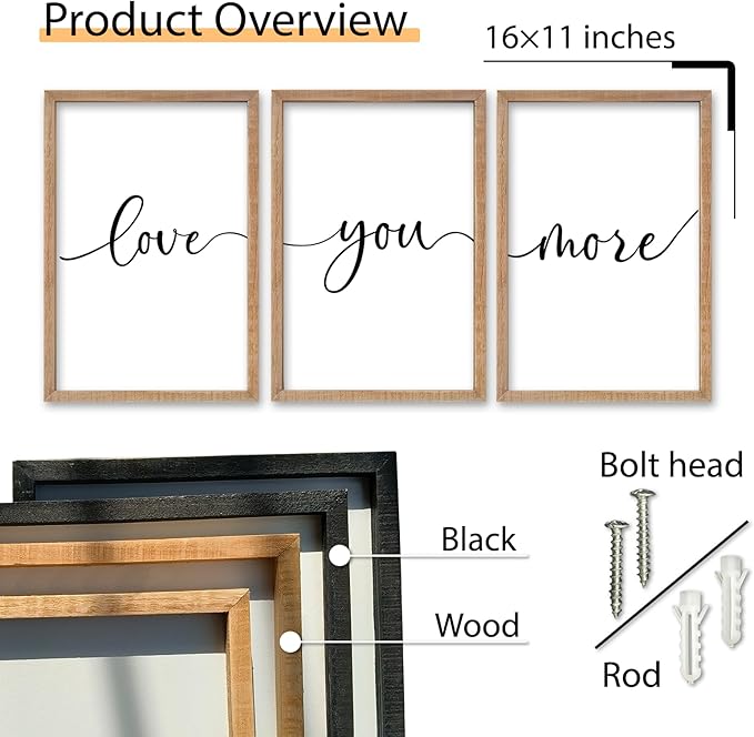 SRSZHIYUE Love You More Bedroom Set of 3 Wall Decor Sign 16"×11" Small Framed Wood Modern Above Over Bed Couples Romantic Art for Master Bedroom Wall Horizontal Hanging Decoration (Wood)