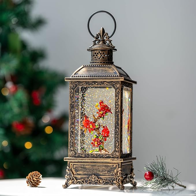 Christmas Snow Globe Water Glittering Cardinal Lantern with Music & Timer, USB Lined/Battery Operated Lighted Lantern for Christmas Festival Decoration Gifts