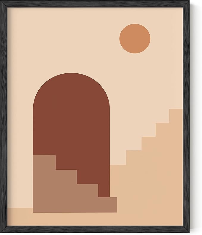 HAUS AND HUES Boho Art Prints - Mid Century Modern Decor Wall Art - Sun and Two Staircases with Door (Black Frame, 16x20)