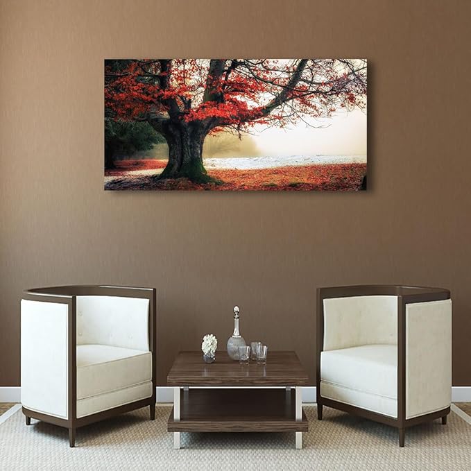 Stunning Nature Landscape Wall Art - 28x57 inches Canvas Artwork of Sunrise Forest Scenery with Red Leaves. Perfect Wall Decoration for Living Room, Bedroom and More