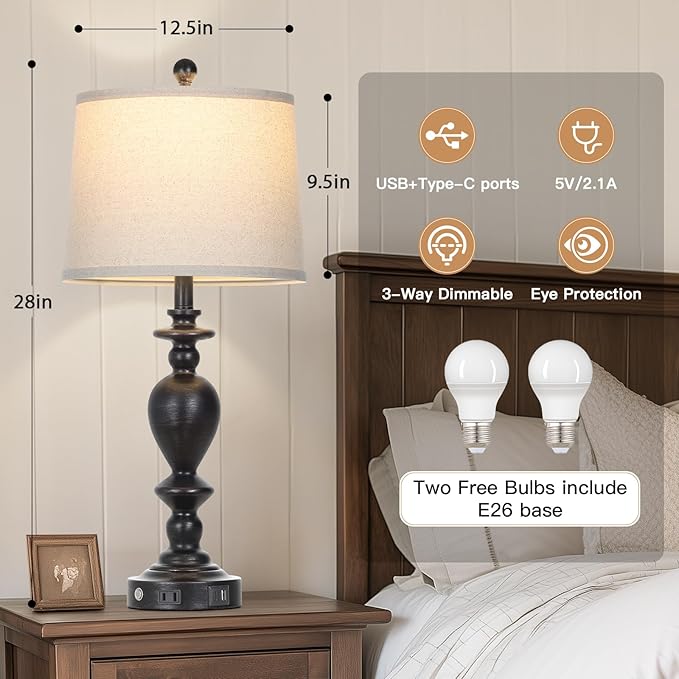 28" Black Farmhouse Table Lamps Set of 2 with USB C+A Ports & AC Outlet for Vintage Living Room Rustic Bedroom,3-Way Dimmable Touch Lamp Retro Resin Bedside Lamps for Nightstand Side Table