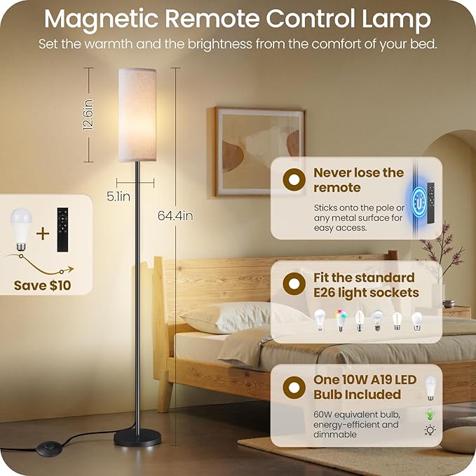 Dimmable Floor Lamp for Living Room with Remote and Foot Switch, Corner Floor Lamp, 64.4" Standing Tall Lamp, 10W 900LM LED Bulb Included, 3000K-6500K, Linen Shade, Weighted, FCC Listed W06LD05W1