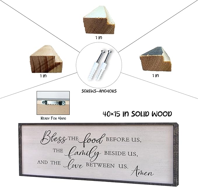 Surfapans Bless the Food Before Us Wall Decor, 40"X15" Farmhouse Dining Room Family Kitchen Sign, Christian Bible Verse Scripture Vintage Home Framed Wood Wall Art (Black)