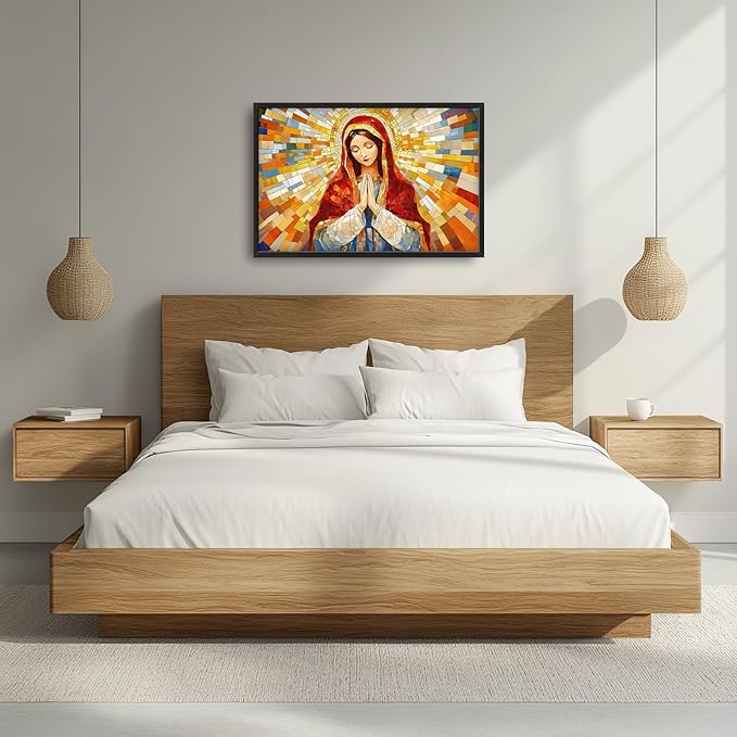 Virgin Mary Wall Art for Living Room, Our Lady of Guadalupe Canvas Wall Decor, Large Jesus Mother Pictures Framed Painting, Catholic Spiritual Artwork for Bedroom Office Home Decor 36L'' × 24W''
