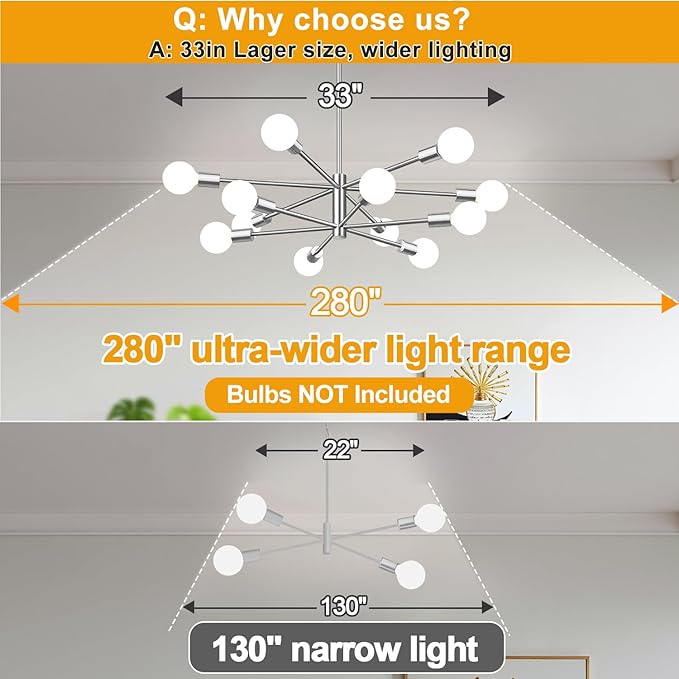 33" Modern Chandelier Ceiling Light Fixture, 12-Light Sputnik Chandeliers Brushed Nickel Mid Century Chandelier Over Table, Height Adjustable Chandeliers for Dining Room Living Room Kitchen Island