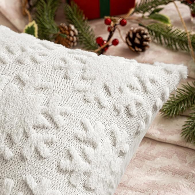 MIULEE Christmas Snowflake Decorative Throw Pillow Covers Set of 2,Soft Fluffy Faux Wool Winter Holiday Couch Pillows for Farmhouse Boho Home Decor Sofa Bed Porch Living Room 18x18 Inch Pure White