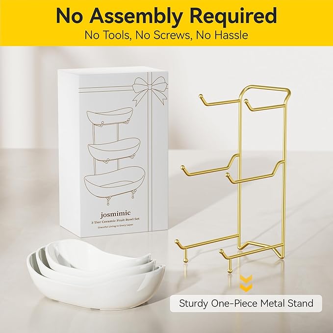 3 Tier Ceramic Fruit Bowl with Metal Stand – Tiered Fruit Stand for Kitchen Countertop, Serving Tray for Snacks, Nuts, Cakes, Desserts, Bread, Candy Storage, Gold