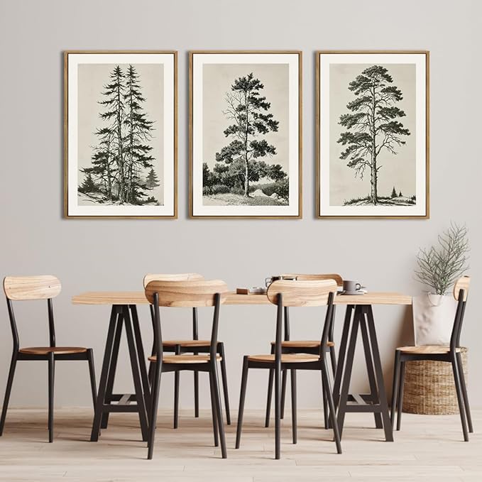 ANHUIB Vintage Tree Sketch Framed Canvas Wall Art 16x24 Inch Neutral Wilderness Forest Paintings Retro Botanical Wall Decor Set of 3 for Living Room Bedroom Office