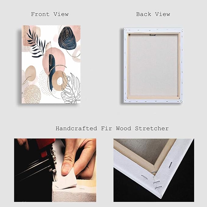 Boho Wall Art Prints, Boho Wall Decor, Abstract Pink and Navy Blue Botanical Design Minimalist Art, Natural Framed Canvas Prints Artwork For Living Room Bathroom Bedroom Wall Decor 12"x16"