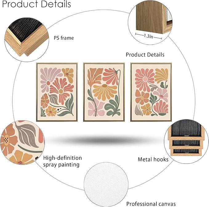 WRFON Boho Abstract Floral Canvas Wall Art, Flower Market Poster Prints, Minimalist Vibrant Botanical Aesthetic Pictures, Modern Nature Plant Wall Decor for Living Room Bedroom Framed 16"x24"x3