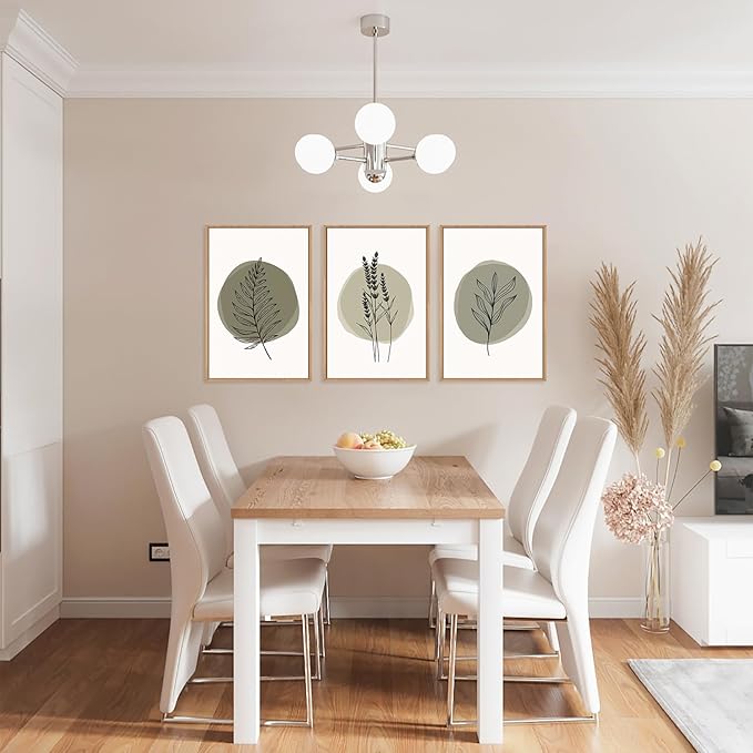 HOURIA Sage Green Leaves Framed Canvas Wall Art Set,Minimalism Boho Leaf Wall Decor, Modern Nature Botanical Wall Painting,Mid Century Plant Art Prints for Living Room,Bedroom,Farmhouse-24 x36 x3