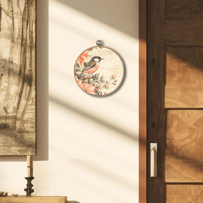 Tzhim Vintage Floral Sparrow Bird Round Wall Art, Rustic Pink Rose Bird Round Wall Decor Framed, Cottagecore Farmhouse Canvas Walls Sculptures for Home Room Decor, 10x10 Inch