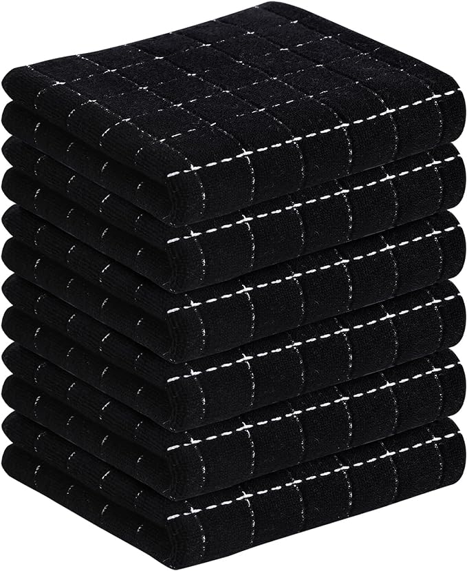 Homaxy 100% Cotton Terry Kitchen Towels(Black, 13 x 28 inches), Checkered Designed, Soft and Super Absorbent Dish Towels, 6 Pack