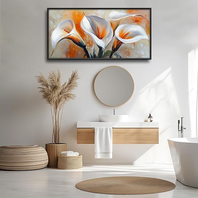 Calla Lily Framed Wall Art for Living Room, Large Calla Flower Canvas Wall Decor, White Florals Pictures Painting, Modern Artwork for Bathroom Bedroom 60L'' × 30W''