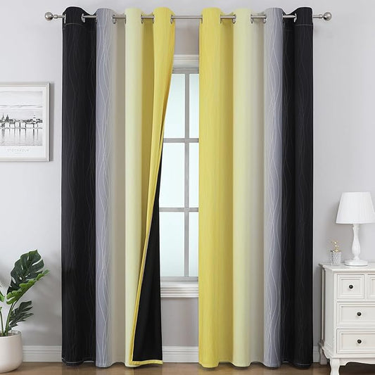 Estelar Textiler Black and Yellow Ombre Blackout Curtains for Bedroom, Room Darkening Energy Saving Grommet Curtains for Living Room, Thermal Insulated Gradient Blackout Drapes,52Wx84L,2 Panels