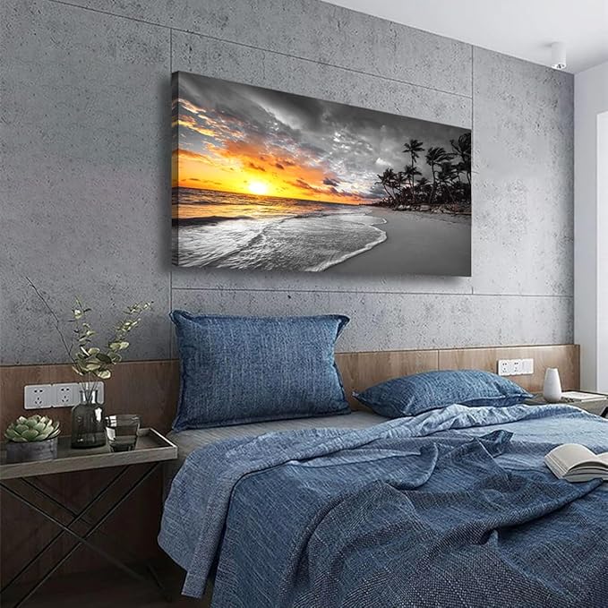 Ocean Wall Art Bedroom Wall Decor Living Room,Beach Canvas Wall Art Office Farmhouse Paintings Artwork Modern Sunset Palm Tree Black and White Sea Coast Wall Art Prints Pictures 20 * 40inch