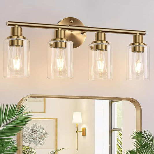 4-Light Bathroom Light Fixtures, Brushed Brass Modern Vanity Lights with Cyan Glass Shades, Bathroom Wall Lamp for Mirror Kitchen Living Room