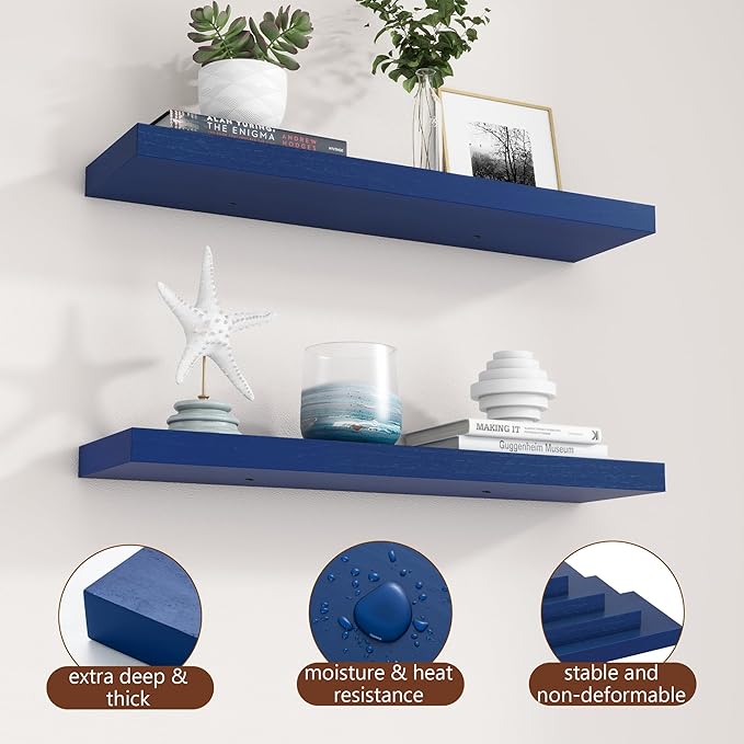 30 Inch Floating Shelves, Dark Blue Floating Shelves for Wall Set of 2, 30'' Long Wooden Wall Shelves for Living Room Bedroom Kids' Room Boys' Room - Dark Blue