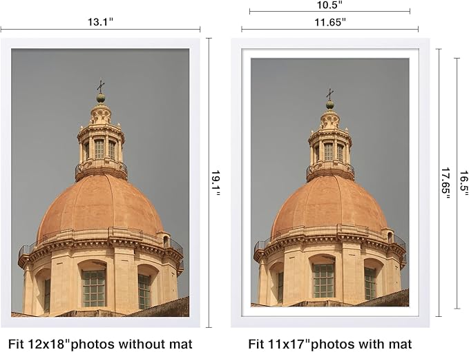 Vittanly 12x18 Poster Frame for Wall, Plexiglass, Displays Picture 11x17 with Mat or 12x18 without Mat, PVC Frame Material, Horizontal or Vertical Hanging, 1 Pack, White