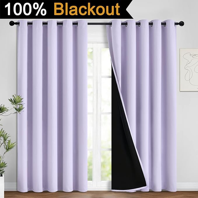 Yakamok 2 Thick Layers 100% Completely Blackout Window Curtains,Thermal Insulated Noise Reducing Drapes for Girl's Bedroom(62Wx96L, Lilac, 2 Panels)