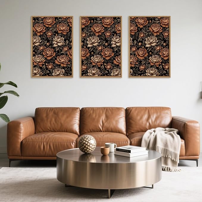 KAIRNE Vintage Floral Wall Art Set of 3, Mid Century Flower Framed Canvas Prints, Boho Peony Botanical Artwork, Modern brown Luxury Decor for Living Room Bedroom Office, 16×24inch