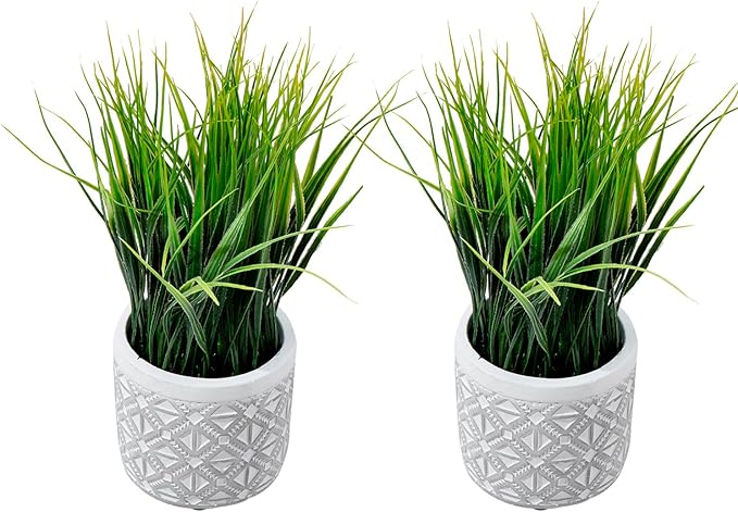 MyGift Artificial Grass Plant in Modern Gray Concrete Pot with Geometric Embossed Pattern, Tabletop Faux Greenery in Decorative Round Cement Planter, Set of 2