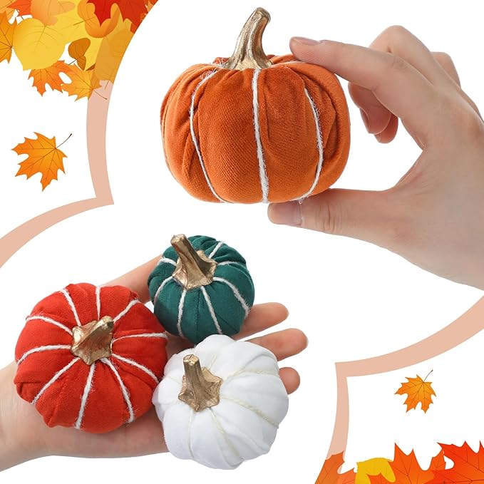 Weysat 12 Pcs Fall Velvet Pumpkins Decorations, 4 Sizes Artificial Pumpkins Table Centerpiece Fake Pumpkin Decor for Thanksgiving Autumn Wedding Farmhouse and Home Decor(Vintage)