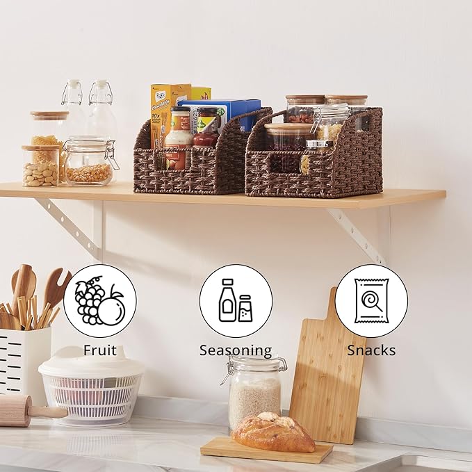 OIAHOMY Pantry Baskets for Organizing, Paper Rope Baskets with Built-in Handles, Wicker Storage Bins for Shelves, 2 Pack-Brown