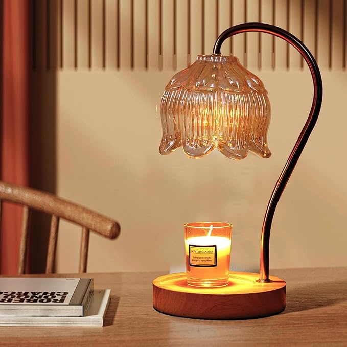GEEZO Fragrance Candle Warmer Lamp with 2 Bulbs Electric Candle Warmer with Timer & Dimmer for Home Decor Wax Melt for Small Large Size Jar Candles Retro Wooden Base