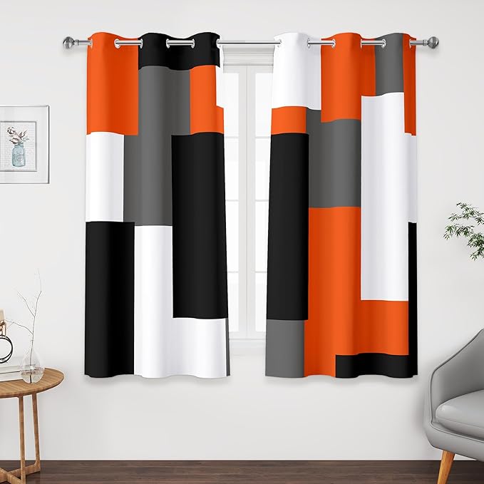 Orange 100% Blackout Curtains 45 inch Length 2 Panels Set White Grey Modern Abstract Geometric Drapes for Kitchen Black Out Curtains Insulated Room Darkening Small Window Curtains, 42Wx45L
