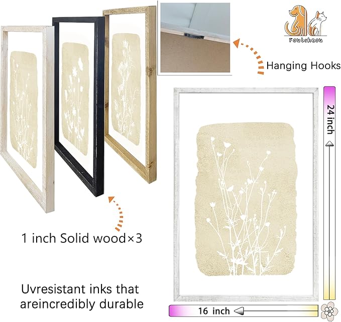 Wildflower Floral Botanical Wall Art Decor 24x16 Inch 3 Piece Boho Plant Wooden Framed Sign Rustic Farmhouse Home Office Relax Illustrations Neutra Minimalist Living Room Wall Hanging (White)