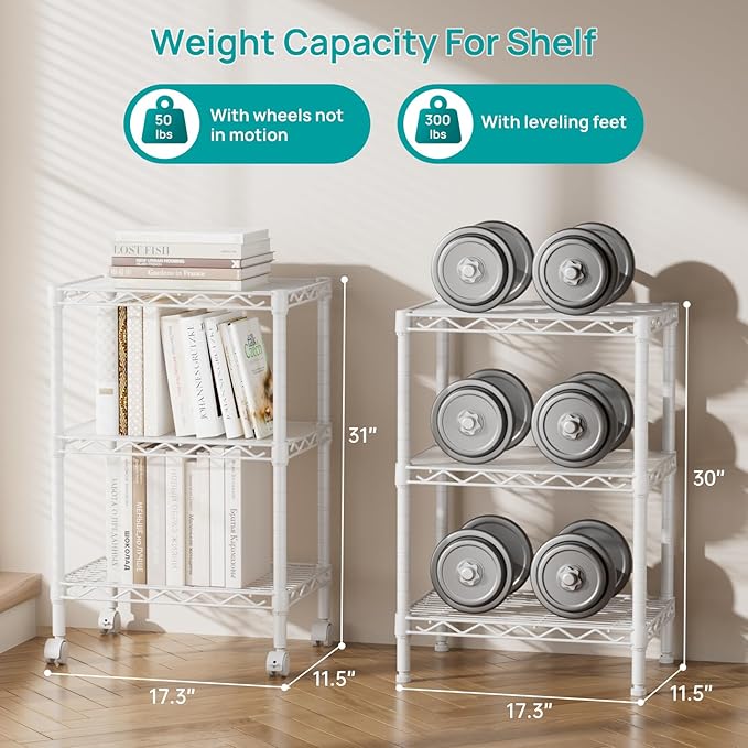 SINGAYE 3 Small Shelves Storage Shelf Wire Shelving Unit Metal Shelf Adjustable Organizers Storage Shelving with Wheels for Bathroom Laundry Room Kitchen Pantry11.5”D x 17.3”W x 30”H White