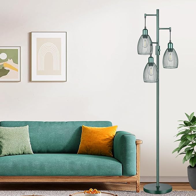 Dimmable Industrial Floor Lamps for Living Room, Green Tree Standing Tall Lamps with 3 Elegant Teardrop Cage Head & 800 Lumens LED Bulbs for Bedroom Office
