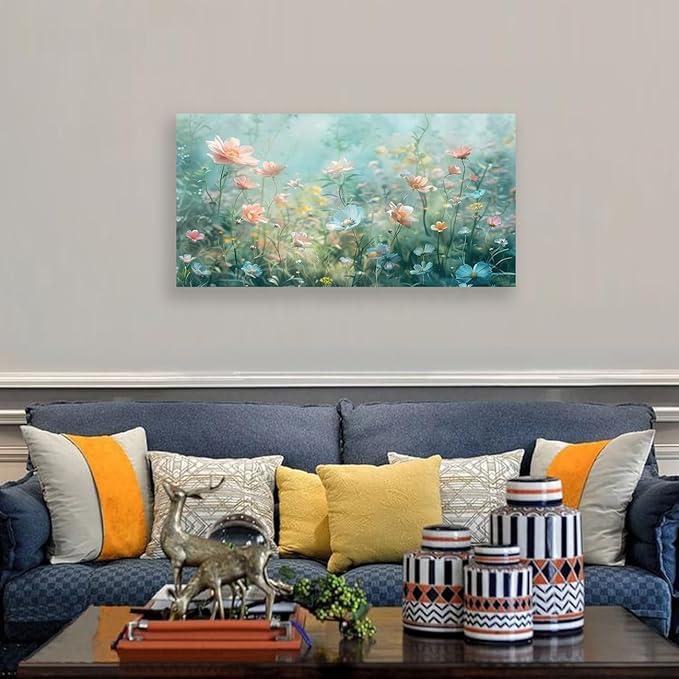 Tucai Decor Floral Canvas Wall Art Colorful Wildflowers Field Painting 30W x 58L inches Pink Blue and Yellow -Flowered Plants Art Prints Wall Decor for Living Room Bedroom Office Ready to Hang