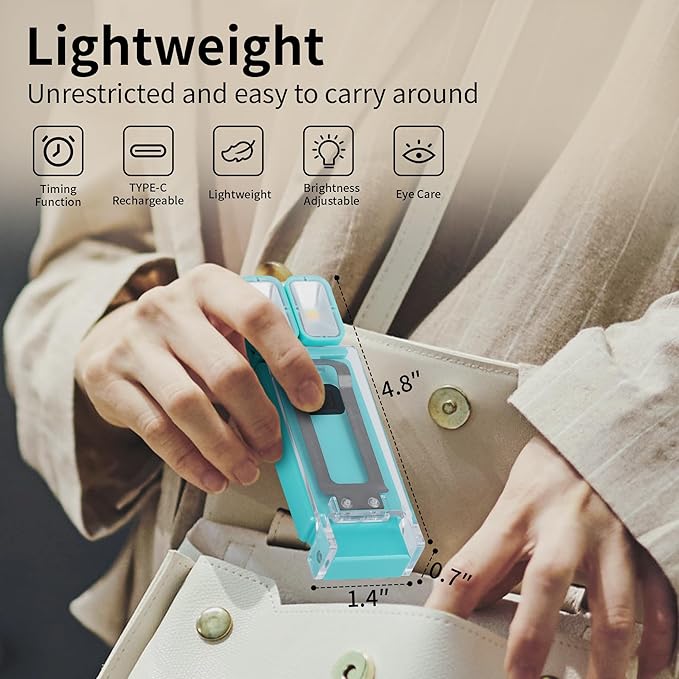 Dott Arts Book Light,Dual-Heads Reading Light for Bedtime with Screen Display.Rechargeable Ultralight Clip on LED Bookmark Lamp with 5 Color,6 Brightness Levels,1000mAh,Timer Function.Cyan