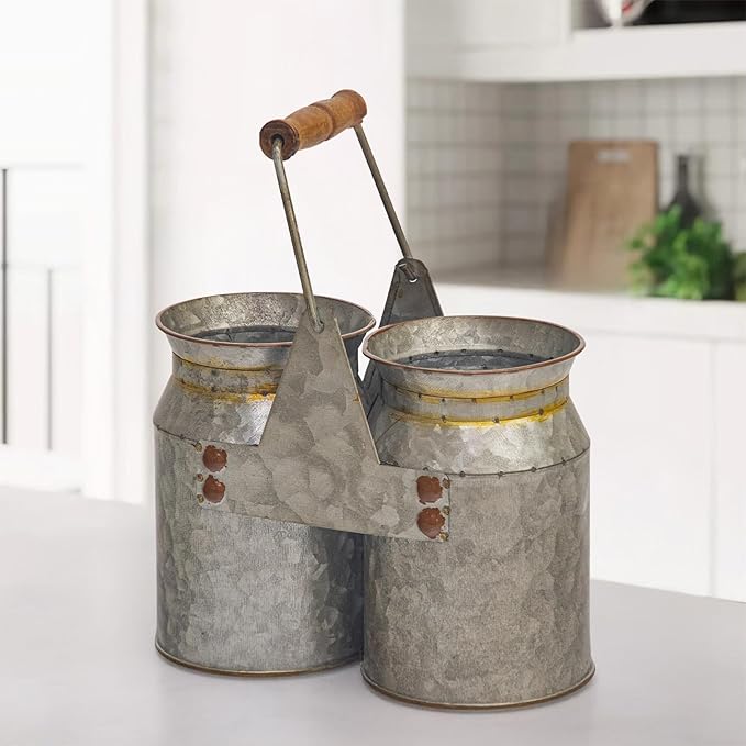Set of 2 Rustic Galvanized Metal Planters, Flower Vases for Dried Flowers or Succulents, Farmhouse French Country Buckets for Wedding, Office, Home Decor, 8x4x6.75 Inch