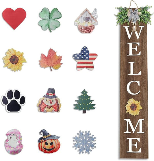 Interchangeable Outdoor Welcome Sign for Front Porch Standing 47"×8" Set of 3 Large Wood Frame with 12 Pcs Icons Vertical Tall Leaner Outside Welcome Sign for Front Door Decor(Wood)