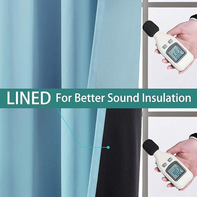 Yakamok 100% Blackout Curtains Energy Saving Thermal Insulated 2 Thick Layers Completely Blackout Drapes with Black Liner for Bedroom (52Wx96L,Sky Blue, Set of 2)