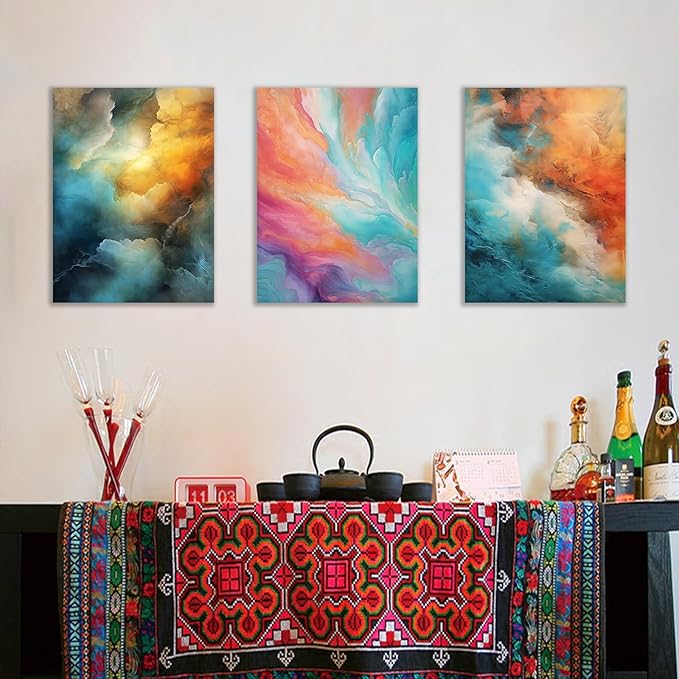 Abstract Colorful Canvas Wall Art Rendering Clouds Poster Print Home Wall Decor 3 Pieces Modern Picture Painting Artwork for Women Kitchen Bedroom Living Room Office Ready to Hang [36''W x 16''H]